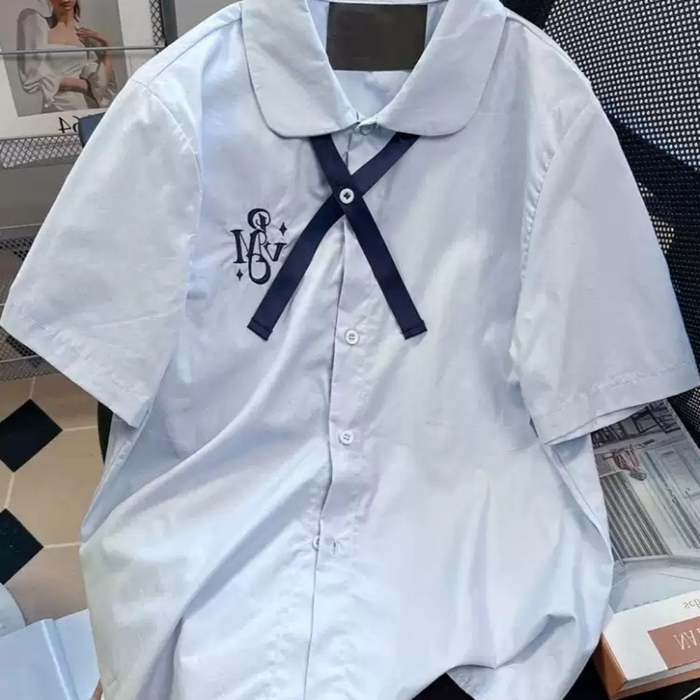 Light Blue Peter Pan Collar Ribbon Shirt
